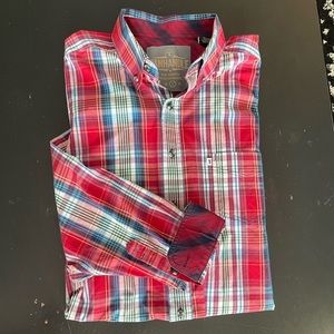 PANHANDLE men’s L long sleeve button down shirt red blue white plaid Tuf Cooper